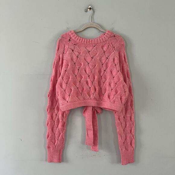 NWT Storia Sweetie Pie Cable Knit Pink Tie Back Pearl Button Sweater - Picture 2 of 5